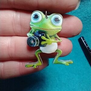 Cute green white frog with camera wire dangle earrings
